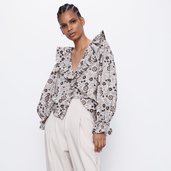 ZARA Brown Ruffled Floral Print Top TRF Size XS - Picture 5 of 8